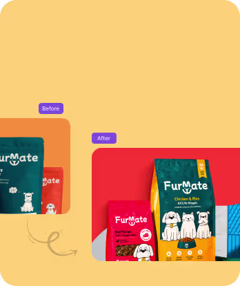 Before and after comparison of Furmate dog food packaging with new colorful bags and dog illustrations.