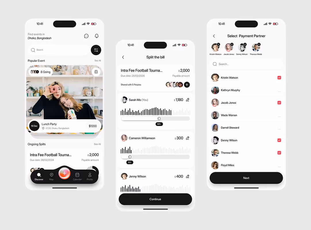 Three smartphone screens showing an event app: event listing with a lunch party and ongoing splits, a bill split screen with amounts for participants, and a payment partner selection list with multiple contacts.