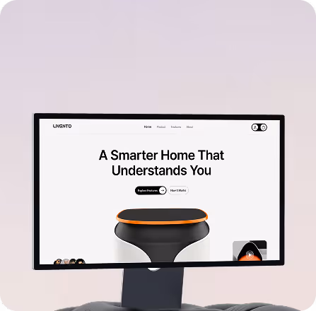 Computer monitor displaying a webpage with the headline 'A Smarter Home That Understands You' and a smart home device image.